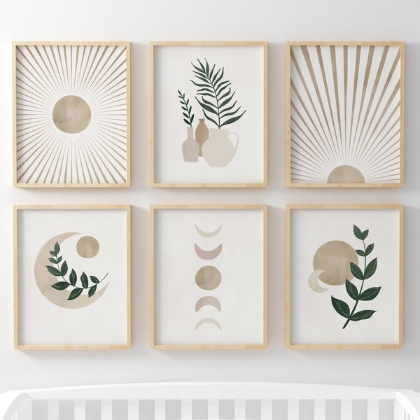 Set van 6 Boho Prints, Gallery Wall Set, Sun Print, Moon Phases, Abstract Floral Painting, Botanische Poster, Minimalistische Gallery Wall