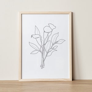 Calla Lily, Flor de arte lineal, Arte de línea botánica imprimible, Dibujo de línea de flores, Estampado floral abstracto, Cartel botánico, Arte de pared minimalista