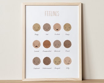 Peut inclure: Une affiche encadrée avec le mot "FEELINGS" au-dessus d'une grille de visages illustrés, chacun représentant une émotion différente. Les visages sont de différentes nuances de marron et de beige, avec des expressions étiquetées "Heureux", "Triste", "Excité", "En colère", etc.