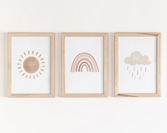 Sun Cloud Rainbow, Boho Prints, Blush Pink Wall Art, Gallery Wall Set, Playroom Decor, Boho Rainbow Print, 3 Piece Wall Art, Set of 3 Prints