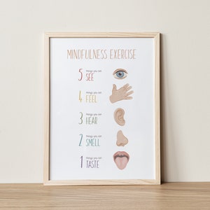 May include: A mindfulness exercise poster with a white background and a wooden frame. The poster features a list of five senses with corresponding illustrations: see, feel, hear, smell, and taste.