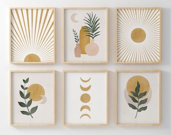 Boho Gallery Wall Art Set: Sun, Moon, Botanical Prints (Digital Download)