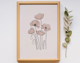 Poppy Flower Line Art Print: Blush Pink Floral (Digital Download)