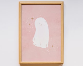 Ghost Printable, Cute Ghost Print, Halloween Wall Art, Kids Boho Halloween, Girls Room Decor, Pink Halloween, Pastel Print, DIGITAL