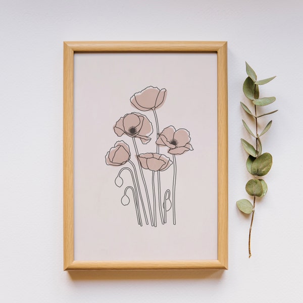 Poppy Flower Print, Boho Nursery, Blush Pink Wall Art, Flower Line Drawing, Abstract Floral Painting, Poppy Botanical Print, Bedroom Decor