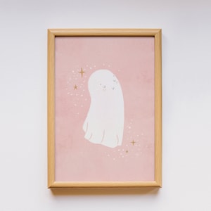 Ghost Printable, Cute Ghost Print, Halloween Wall Art, Kids Boho Halloween, Girls Room Decor, Pink Halloween, Pastel Print, DIGITAL image 1
