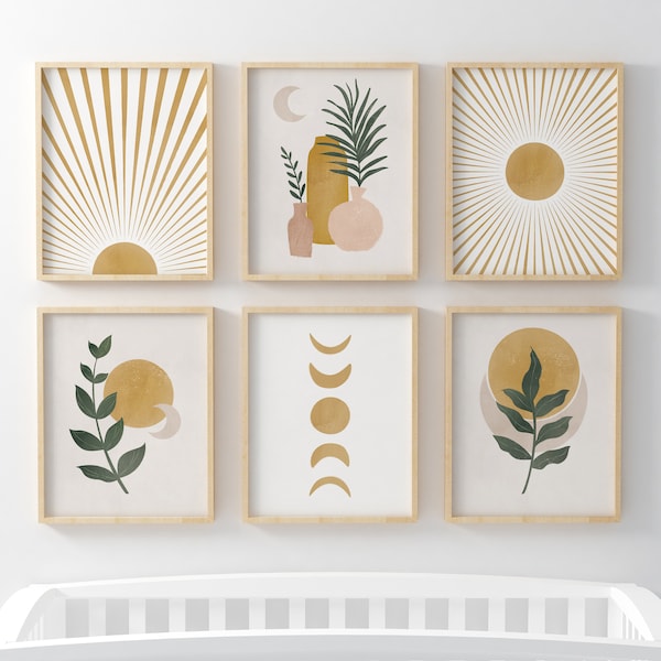 Boho Gallery Wall Art Set: Sun, Moon, Botanical Prints (Digital Download)