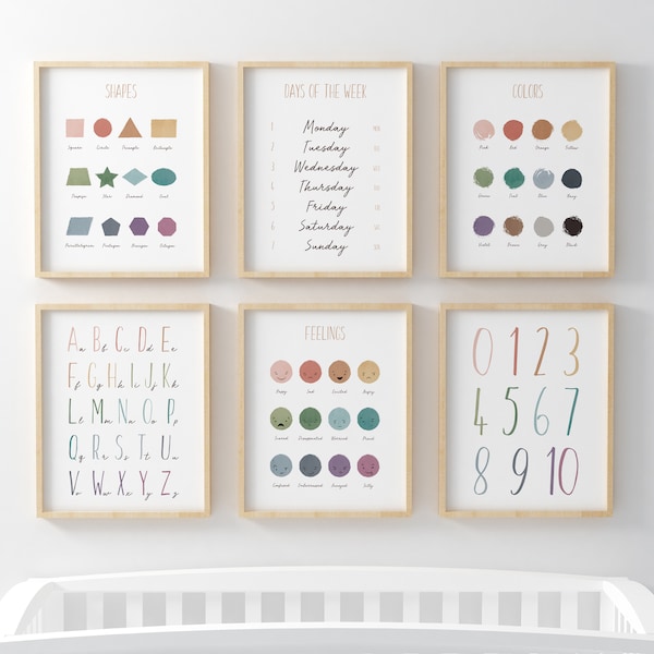 Set Of 6 Educational Posters, Alphabet Poster, Classroom Decor, Playroom Wall Art, Montessori, Numbers, Colors, Shapes, Days Of The Week