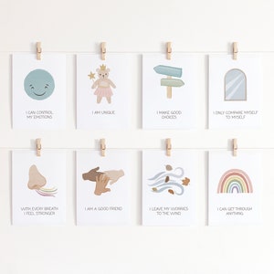 May include: Eight printable affirmation cards with colorful illustrations and positive messages. The cards include phrases like "I can control my emotions", "I am unique", "I make good choices", "I only compare myself to myself", "With every breath I feel stronger", "I am a good friend", "I leave my worries to the wind", and "I can get through anything".