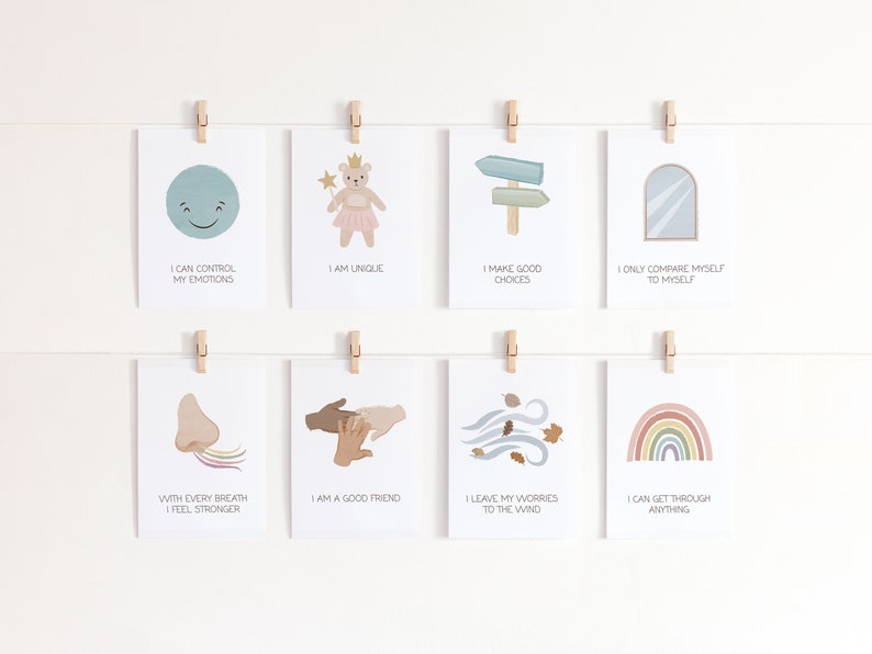 May include: Eight printable affirmation cards with colorful illustrations and positive messages. The cards include phrases like "I can control my emotions", "I am unique", "I make good choices", "I only compare myself to myself", "With every breath I feel stronger", "I am a good friend", "I leave my worries to the wind", and "I can get through anything".