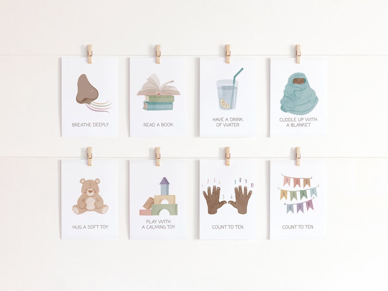 May include: Eight illustrated cards with calming activities for children. Each card features a different activity, such as breathing deeply, reading a book, having a drink of water, cuddling up with a blanket, hugging a soft toy, playing with a calming toy, counting to ten, and counting to ten.