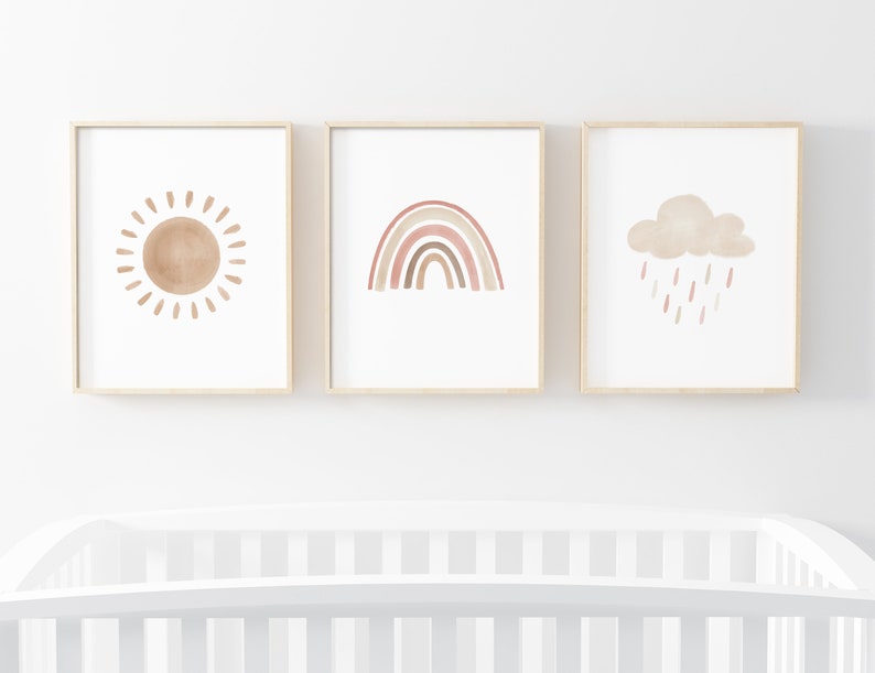 Sun Cloud Rainbow, Boho Prints, Blush Pink Wall Art, Gallery Wall Set, Playroom Decor, Boho Rainbow Print, 3 Piece Wall Art, Set of 3 Prints image 3