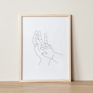 手を繋ぐプリント、白黒の細い線、線画プリント、一本の線画、子供部屋の装飾、母と子のアート、母の日ギフト