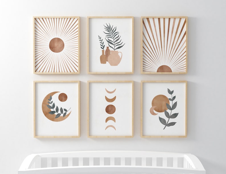 Rising Sun, Set Of 6 Boho Prints, Abstract Gallery Wall Set, Sun Printable, Moon Phases, Botanical Poster, Mid Century Modern, DIGITAL image 1