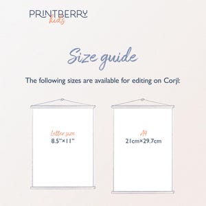 May include: Image from Printberry Kids with the text "Size guide". It shows two rectangular templates, one labeled "Letter size" at 8.5" x 11" and the other "A4" at 21cm x 29.7cm. The text "The following sizes are available for editing on Corjl:" is also present.