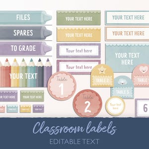 May include: A collection of classroom labels with editable text. The labels include crayon-shaped designs with text like "FILES", "SPARES", and "TO GRADE". There are also pencil-shaped labels, table numbers, and other decorative elements.