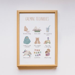 May include: A printable poster with calming techniques for children. The poster features illustrations of activities such as breathing deeply, reading a book, cuddling with a blanket, hugging a stuffed animal, playing with a calming toy, drawing a picture, counting to ten, and asking for a hug.