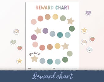 May include: A colorful reward chart with a rainbow of circles and stars. The chart has the words "Reward Chart" at the top and "You did it!" at the bottom. There are spaces for a name and a prize.