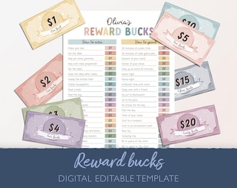 Kids Reward Bucks: Printable Chore Chart, Play Money (Digital Download)
