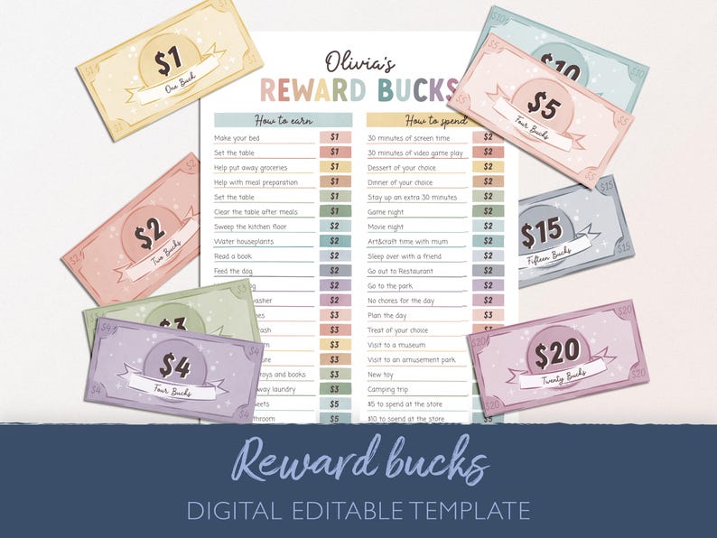 May include: A printable reward chart for kids with a list of chores and activities to earn reward bucks. The chart includes a title "Olivia's Reward Bucks" and a list of ways to earn and spend reward bucks. The chart also includes colorful printable reward bucks in denominations of $1, $2, $4, $5, $15, and $20.