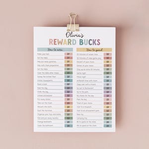 May include: A printable chart with a colorful design, titled "Olivia's Reward Bucks". The chart lists chores and activities to earn reward bucks, and how to spend them.  The chart is designed for children to learn about earning and spending money.