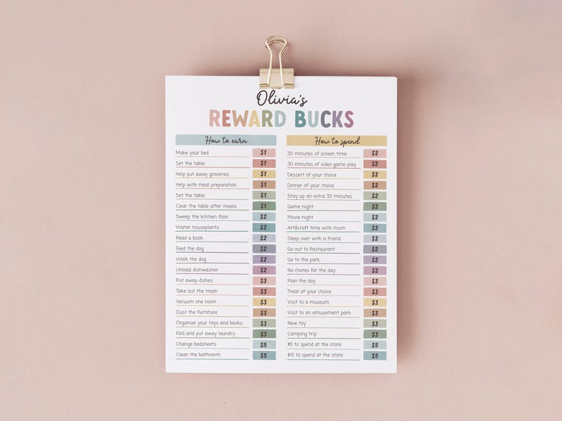 May include: A printable chart with a colorful design, titled "Olivia's Reward Bucks". The chart lists chores and activities to earn reward bucks, and how to spend them.  The chart is designed for children to learn about earning and spending money.