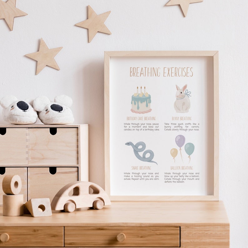 May include: A printable poster with illustrations of a birthday cake, bunny, snake, and balloons. The poster includes instructions for four breathing exercises: Birthday Cake Breathing, Bunny Breathing, Snake Breathing, and Balloon Breathing.