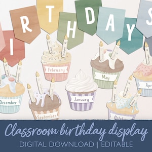 Présentoir d'anniversaire pour salle de classe cupcake, carte d'anniversaire, kit de babillard, décoration de babillard sur le thème de la classe primaire préscolaire, NUMÉRIQUE