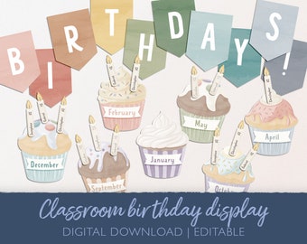 Cupcake Classroom Birthday Display, Birthday Bulletin Board Kit, Preschool Classroom Bulletin Boards, Elementary Classroom Theme, DIGITAL