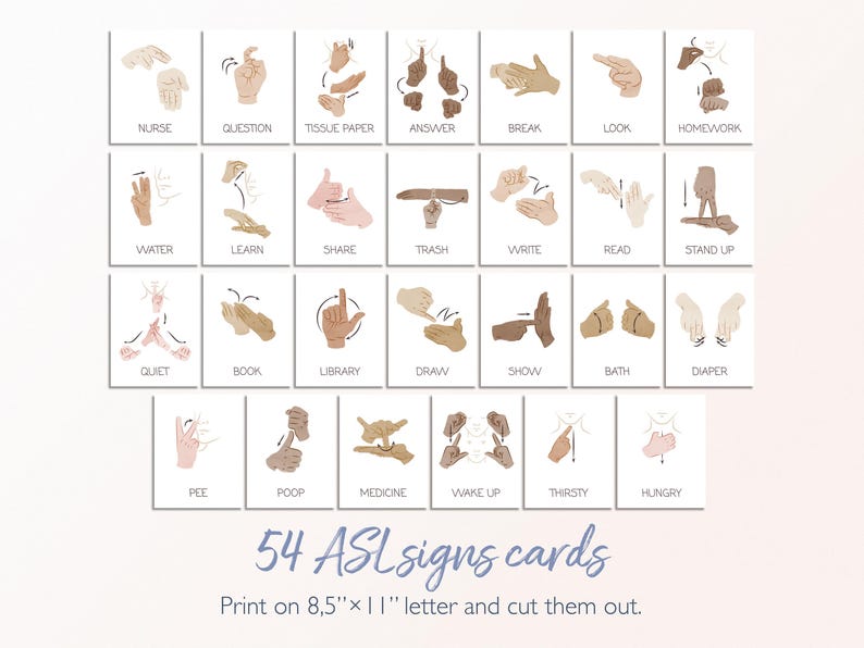 May include: A set of 54 printable cards featuring American Sign Language (ASL) signs. Each card shows a different sign and the corresponding word below. The cards are designed to be printed on 8.5 x 11 inch paper and cut out.