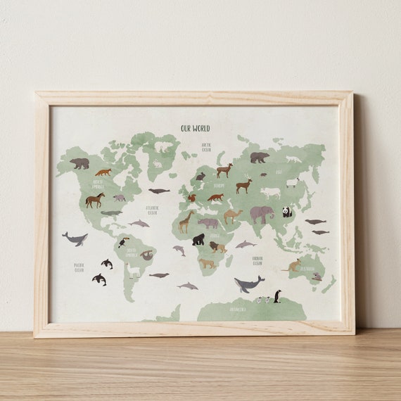Animal World Map Poster: Safari Nursery Decor (Digital Download)