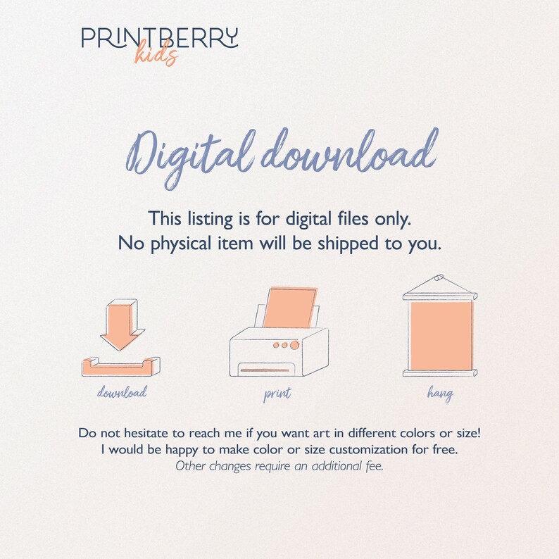 May include: Digital download graphic with a download icon, a printer icon, and a hanging icon. The text says "Digital download" and "This listing is for digital files only. No physical item will be shipped to you."