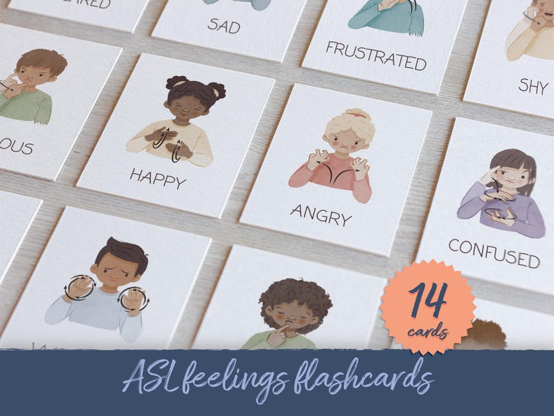 May include: Set of 14 flashcards featuring illustrations of children expressing different emotions, such as happy, sad, and angry. Each card displays the emotion's name and an illustration of the American Sign Language (ASL) sign.