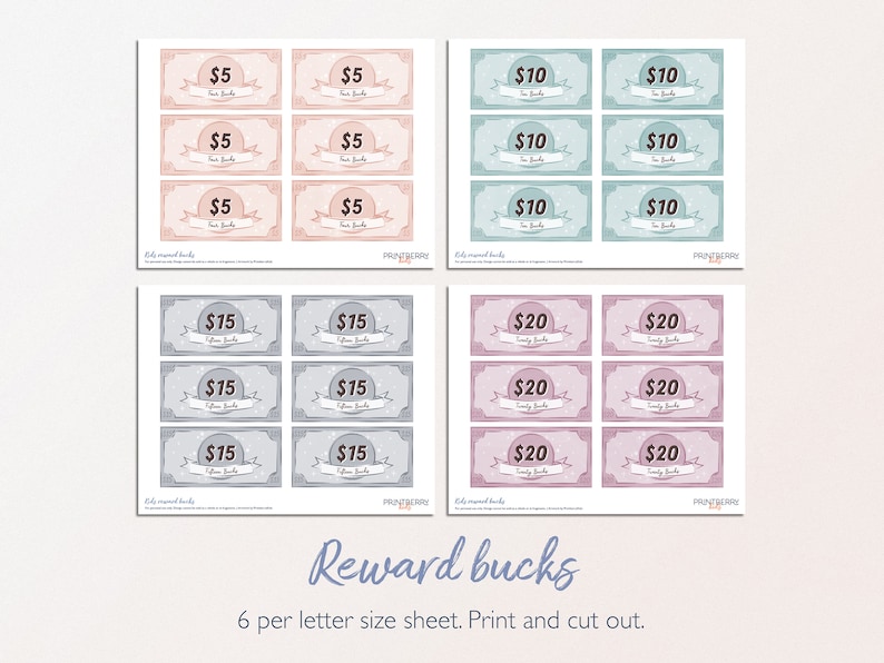 May include: Printable reward bucks in denominations of $5, $10, $15, and $20. The printable money is in pastel pink, blue, and gray colors with a vintage design. There are six reward bucks per sheet. Print and cut out.