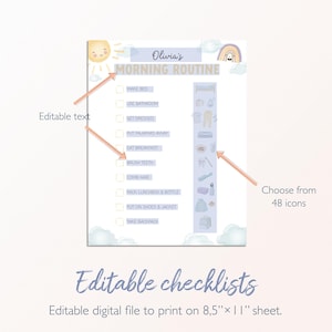 May include: A printable morning routine checklist with the text "Olivia's MORNING ROUTINE". The checklist includes checkboxes and icons for various tasks. The design features a sun, rainbow, and clouds. The sheet is designed to print on an 8.5" x 11" sheet.