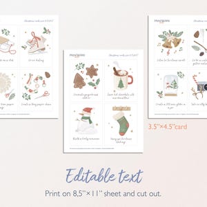 May include: Printable Christmas activity cards with illustrations of winter activities, such as ice skating, making gingerbread cookies, and taking family photos. The cards are 3.5 inches by 4.5 inches and are designed to be printed on 8.5 inches by 11 inches paper.