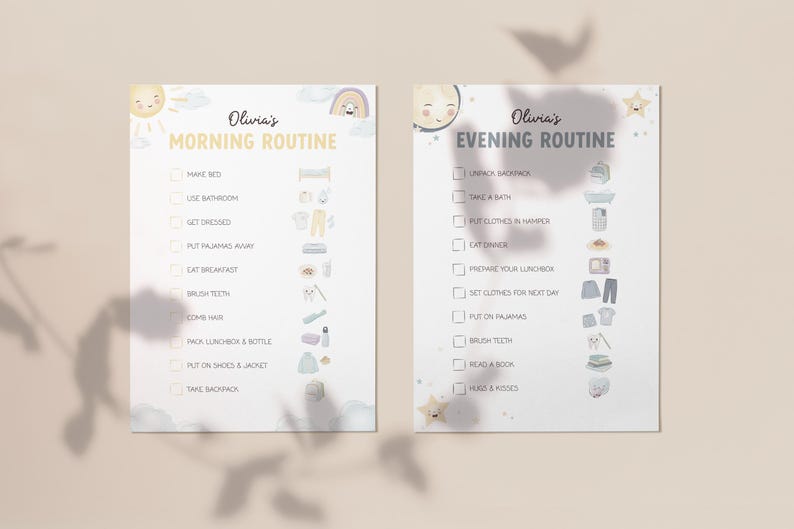 May include: Two illustrated checklists, "Olivia's Morning Routine" and "Olivia's Evening Routine", feature pastel illustrations of daily activities. The morning list includes tasks like making the bed and eating breakfast. The evening list includes tasks like taking a bath and reading a book.