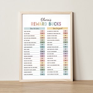 May include: A printable chart titled "Olivia's Reward Bucks" with a colorful design. The chart lists chores and activities to earn reward bucks and how to spend them.  The chart is framed in a light wood frame.