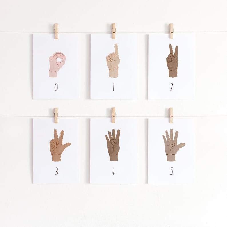 May include: Six white cards with black numbers 0 through 5. Each card has a hand sign representing the number. The hands are brown.