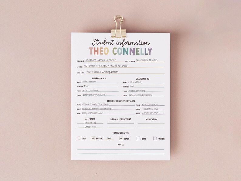 May include: A student information sheet with the name "THEO CONNELLY" in colorful letters. The form includes fields for full name, address, date of birth, guardians, emergency contacts, allergies, medical conditions, and transportation.