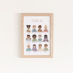 May include: A framed poster with the title "Feelings ASL" and illustrations of children signing different emotions in American Sign Language. The emotions include happy, sad, excited, angry, worried, disappointed, scared, tired, frustrated, confused, shy, and jealous.