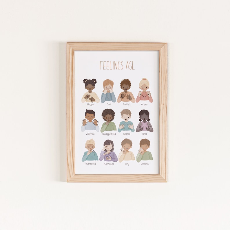 May include: A framed poster with the title "Feelings ASL" and illustrations of children signing different emotions in American Sign Language. The emotions include happy, sad, excited, angry, worried, disappointed, scared, tired, frustrated, confused, shy, and jealous.