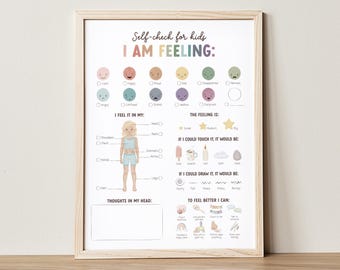 Puede incluir: Un gráfico de autocomprobación imprimible para niños que les ayuda a identificar y comprender sus sentimientos. El gráfico presenta a una niña de dibujos animados, una variedad de emociones y sugerencias para ayudar a los niños a describir sus sentimientos.