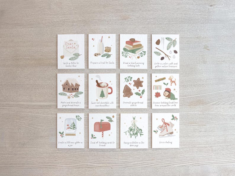 May include: Twelve illustrated cards with Christmas-themed activities. Each card features a different activity, such as "Prepare a treat for Santa", "Read a heartwarming holiday tale", and "Decorate gingerbread cookies".