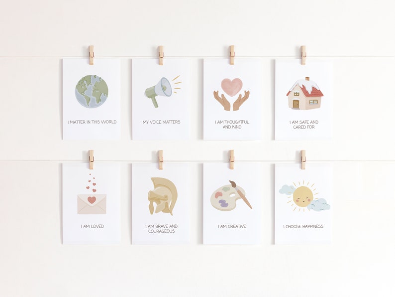 May include: Eight printable affirmation cards with illustrations and positive messages. The cards feature a globe, a megaphone, hands holding a heart, a house, an envelope with hearts, a helmet, a paint palette and a sun.