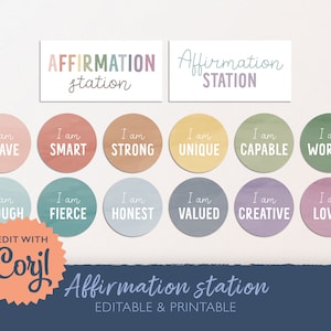 Station d'affirmations modifiable, affirmations que je suis, cartes d'affirmations numériques imprimables, babillard de salle de classe arc-en-ciel bohème, je suis assez