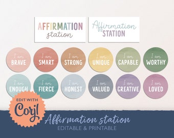 Editable Affirmation Station, I Am Affirmations, DIGITAL Affirmation Cards Printable, Boho Rainbow Classroom Bulletin Board, I Am Enough