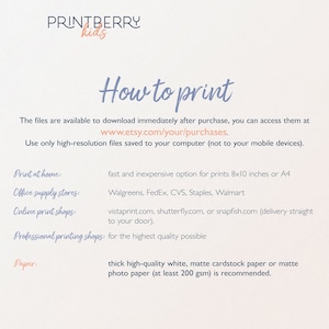 May include: How to print instructions for digital files. The text includes information about downloading files, printing at home, office supply stores, online print shops, professional printing shops, and paper recommendations. The text also includes a link to the Etsy shop.
