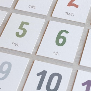 May include: A set of ten cards with numbers one through ten written on them. Each card has a different color number. The numbers are written in a playful, rounded font.