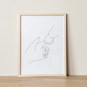 線画プリント、母と子のアート、手をつないでいるプリント、白黒の細い線、一本の線画、子供部屋の装飾、母の日ギフト